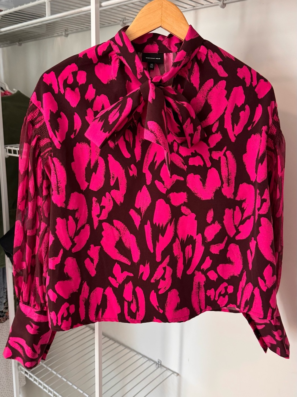 Who What Wear Hot Pink and Burgundy Tie-Neck Animal Print Blouse